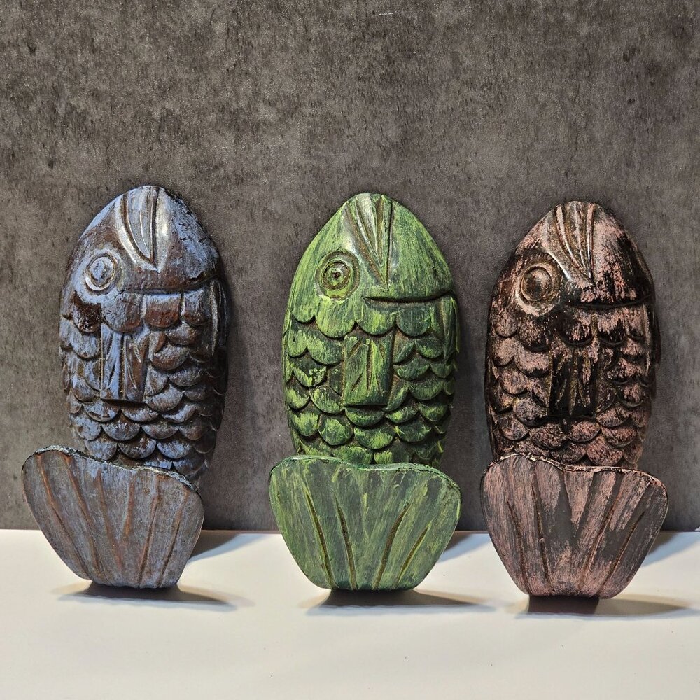 Wooden Swimming Fish Wall Hooks 6.5" x 3 "  Set of Three